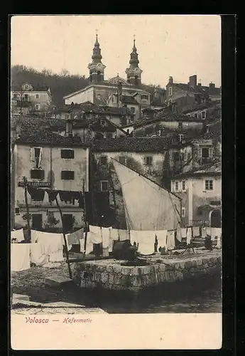 AK Volosca, Blick vom Hafen zur Kirche