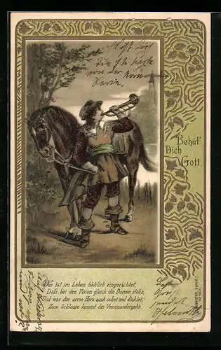 Präge-Lithographie Behüt Dich Gott!, Trompeter von Säckingen mit Pferd am Ufer