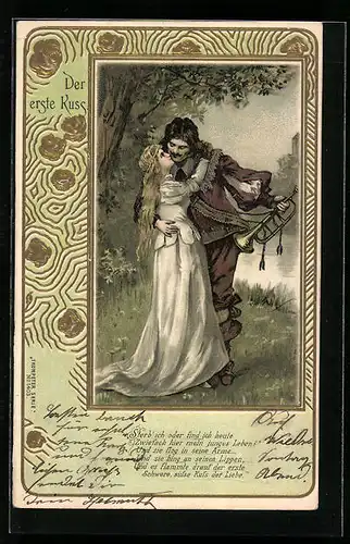 Präge-Lithographie Der erste Kuss des Trompeters von Säckingen, Behüt Dich Gott!