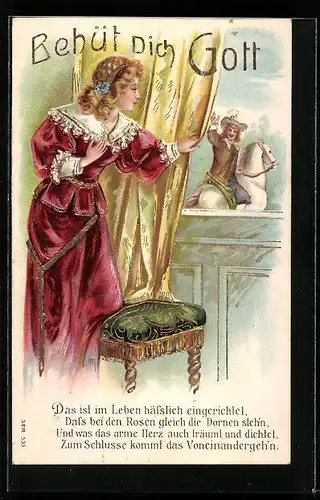 Präge-Lithographie Behüt Dich Gott!, Frau winkt dem Trompeter von Säckingen am Fenster zu