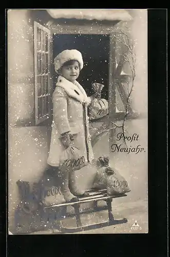 AK Prosit Neujahr, Mädchen im Pelzmantel gibt Geldsäcke durchs Fenster, Schlitten