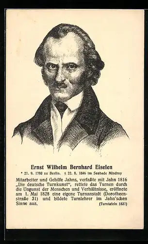 Künstler-AK Portrait Ernst Wilhelm Bernhard Eiselen, Mitarbeiter und Gehilfe Turnvater Jahns