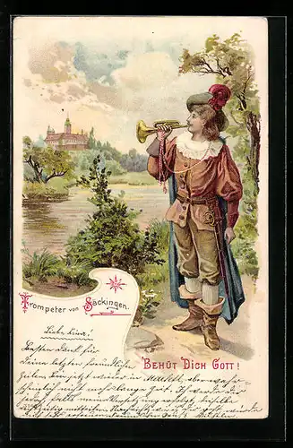 Lithographie Trompeter von Säckingen mit Blick zum Schloss, Behüt Dich Gott!