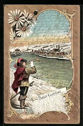 Lithographie Behüt Dich Gott!, Trompeter von Säckingen am Flussufer