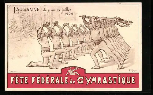AK Lausanne, Fete Fédérale de Gymnastique 1909, Turner-Formation mit Keulen
