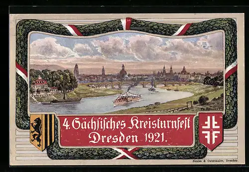 AK Dresden, Turnfest 1921, Stadtpanorama mit Elbdampfer im Eichenkranz, Wappen, rückseitig Plakat