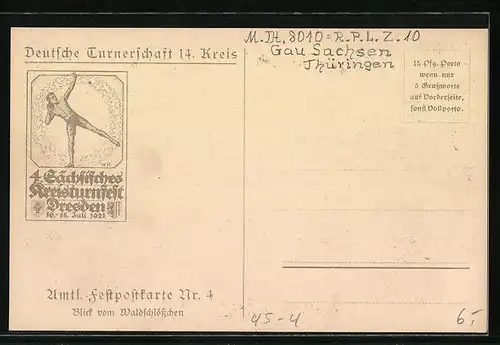 AK Dresden, Turnfest 1921, Stadtpanorama mit Elbdampfer im Eichenkranz, Wappen, rückseitig Plakat