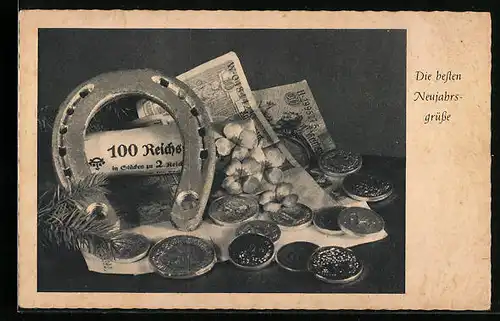 AK Geld und Hufeisen mit Tannenzweig, Neujahrsgruss