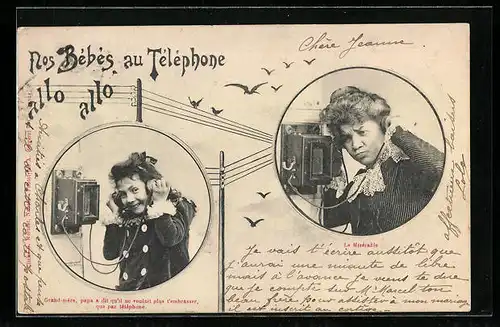 AK Nos Bébés au Telephone allo allo, Mädchen und Grossmutter telefonieren