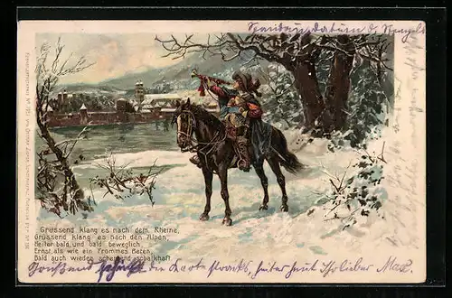 Lithographie Säckingen, Trompeter von Säckingen zu Pferde im Winter