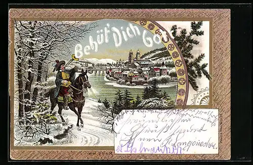 Lithographie Säckingen, Trompeter von Säckingen spielt Trompete vor Ortskulisse, Behüt Dich Gott!