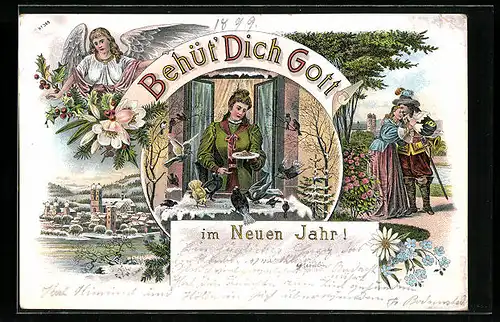 Lithographie Säckingen, Trompeter von Säckingen mit Geliebter, Ortsansicht, Engel, Neujahrsgruss, Behüt Dich Gott!