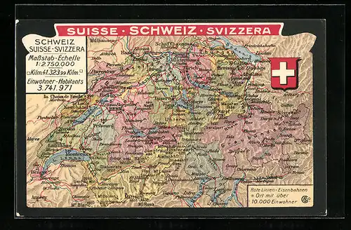 AK Schweiz, Landkarte und Wappen der Schweiz