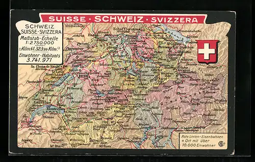 AK Schweiz, Landkarte mit Schweizer Wappen