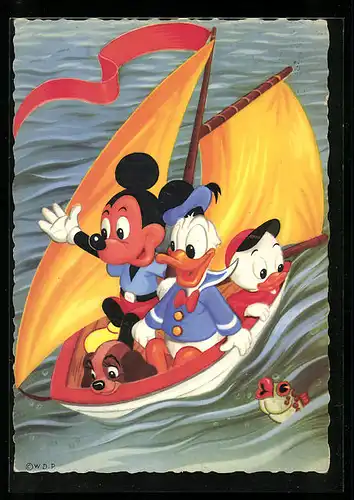 Künstler-AK Walt Disney, Donald mit Neffe, Micky Maus und Susi in Segelboot