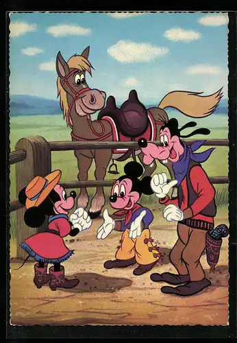 Künstler-AK Micky Maus und Goofy laden Minnie Maus zu einem Ausritt ein, Comic