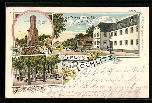 Lithographie Rochlitz, Gasthof z. Stadt Leipzig, August-Turm, Concert-Garten