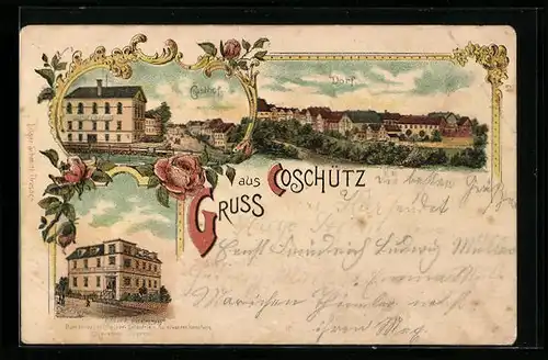 Lithographie Coschütz, Gasthof zu Coschütz, Handlung von Eduard Finsterbusch