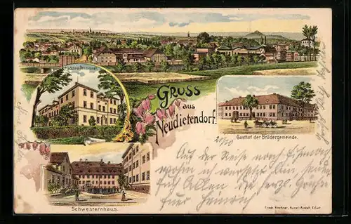 Lithographie Neudietendorf, Mädchen-Pensionat, Schwestern-Haus, Gasthof der Brüdergemeine