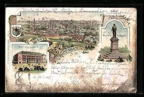 Lithographie Reichenbach i./V., Ortsansicht mit Bismarck Denkmal, Bezirksschule II.