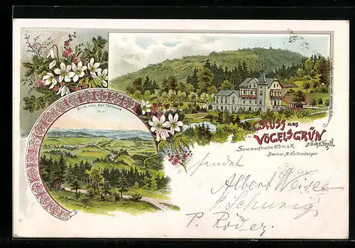 Lithographie Vogelsgrün /sächs. Vogtl, Blick auf Sommerfrische und Umland