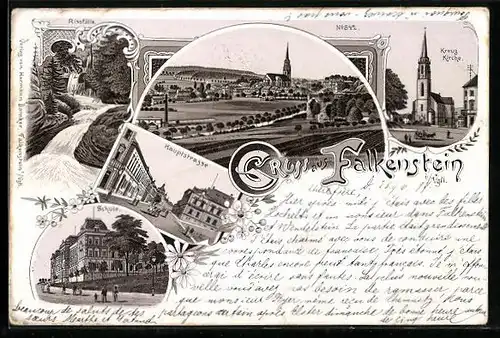 Lithographie Falkenstein i. Vgtl., Hauptstrasse, Schule, Rissfälle