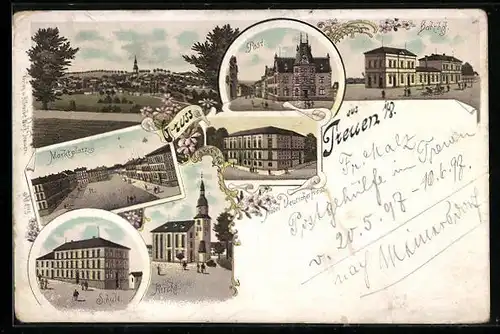 Lithographie Treuen i./S., Schule, Kirche, Marktplatz