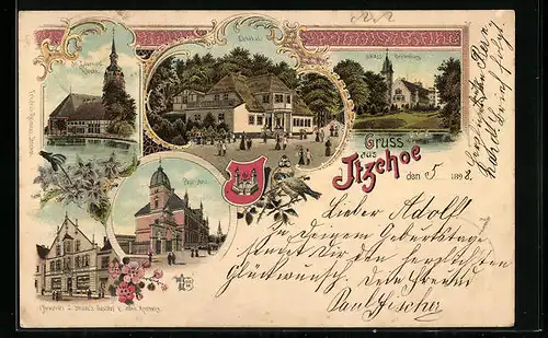 Lithographie Itzehoe, Eichthal, Post-Amt, Schloss Breitenburg