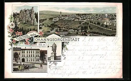 Lithographie Johanngeorgenstadt, Ortsansicht mit Hotel Saxe