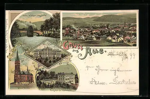 Lithographie Aue, Partie im Schwarzwasserthal, Neue Kirche