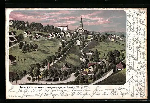 Lithographie Johanngeorgenstadt, Ortsansicht mit Kirche