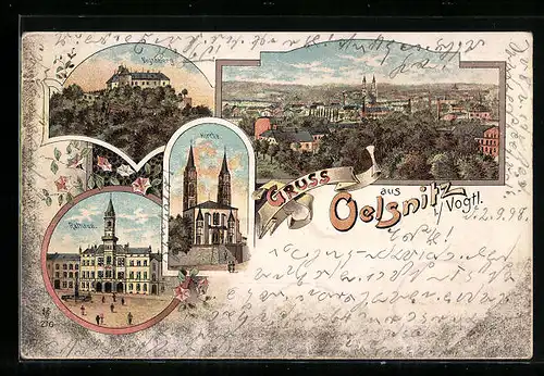 Lithographie Oelsnitz i./Vogtl., Ortsansicht, Rathaus, Kirche