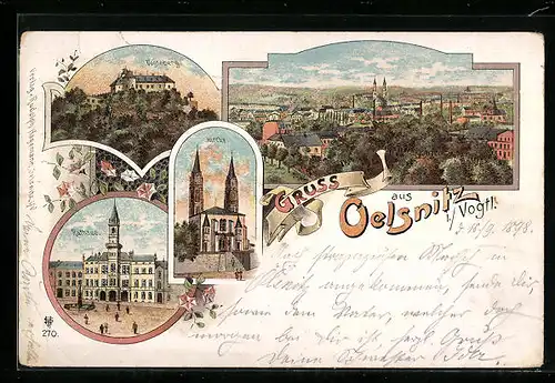 Lithographie Oelsnitz i./Vogtl., Ortsansicht mit Kirche, Vogtsberg