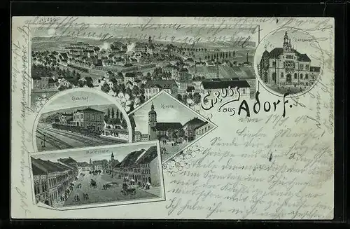 Mondschein-Lithographie Adorf, Ortsansicht mit Kirche, Marktplatz