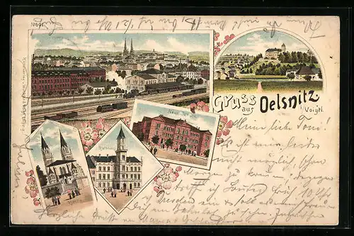 Lithographie Oelsnitz i./Vogtl., Ortsansicht mit neuer Schule, Rathaus