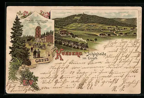 Lithographie Schönheide, Kuhberg, Ortsansicht mit Prinz Georg Turm