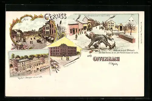 Lithographie Offenbach a. Main, Hotel Degenhardt, Markt, Frankfurterstrasse