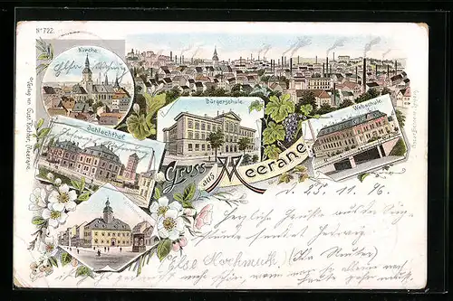 Lithographie Meerane, Ortsansicht mit Kirche, Bürgerschule, Schlachthof