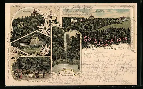 Lithographie Frankenberg /Sa., Gasthaus Lützelhöhe, Gesamtansicht, Garten, Emilientempel