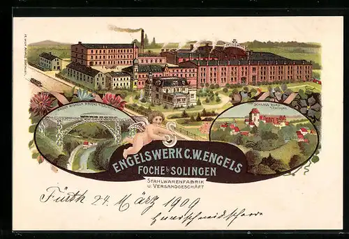Lithographie Foche bei Solingen, Schloss Burg, Stahlwarenfabrik Engelswerk C. W. Engels, Gesamtansicht