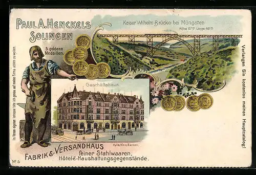 Lithographie Solingen, Stahlwaren Paul A. Henckels, Geschäftshaus, Schmied, Kaiser Wilhelm-Brücke bei Müngsten
