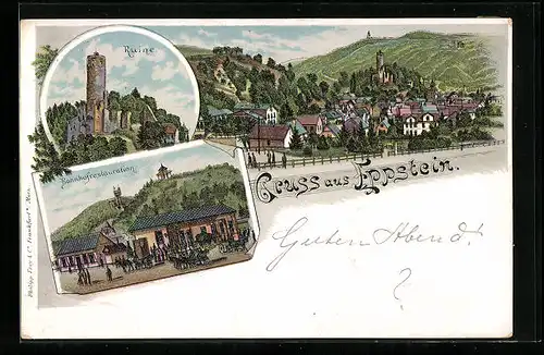 Lithographie Eppstein, Gesamtansicht, Bahnhofrestauration, Ruine
