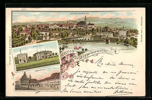 Lithographie Dippoldiswalde, Panorama, Mütterschule und Marktplatz