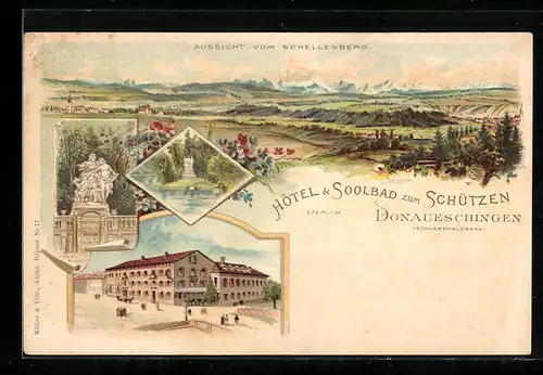 Lithographie Donaueschingen, Aussicht vom Schellenberg, Hotel & Soolbad zum Schützen