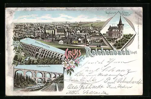 Lithographie Reichenbach i. V., Teilansicht, Restaurant Schöne Aussicht, Göltzschtal- und Elsterthalbrücke