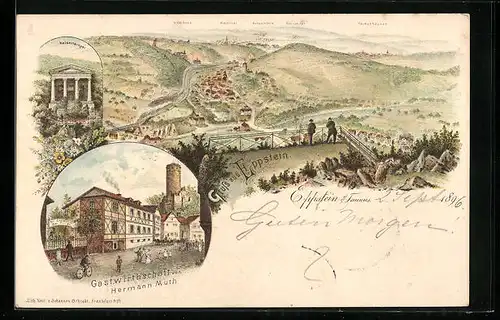 Lithographie Eppstein, Gesamtansicht mit Umgebung, Gasthaus Hermann Muth mit Turm