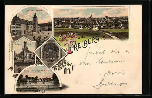 Lithographie Freiberg /Sa., Gesamtansicht, Markt und Rathaus, Schwedendenkmal