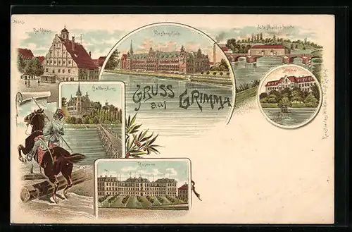 Lithographie Grimma, Fürstenschule, Alte Muldenbrücke, Gattersburg, Kaserne