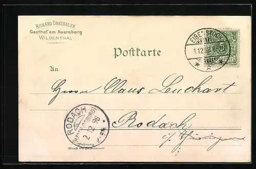 Lithographie Wildenthal, Hotel Drechsler, Gasthof am Auersberg mit Umgebung