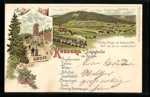 Lithographie Neuheide bei Schönheide /Erzgeb., Gesamtansicht mit Eisenbahn, Gasthaus und Turm auf dem Kuhberg